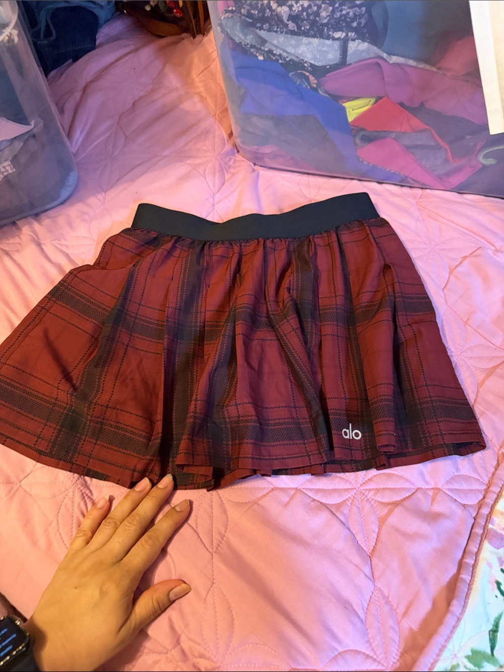 ALO Yoga Red Plaid Skater Skirt with Black Waistband